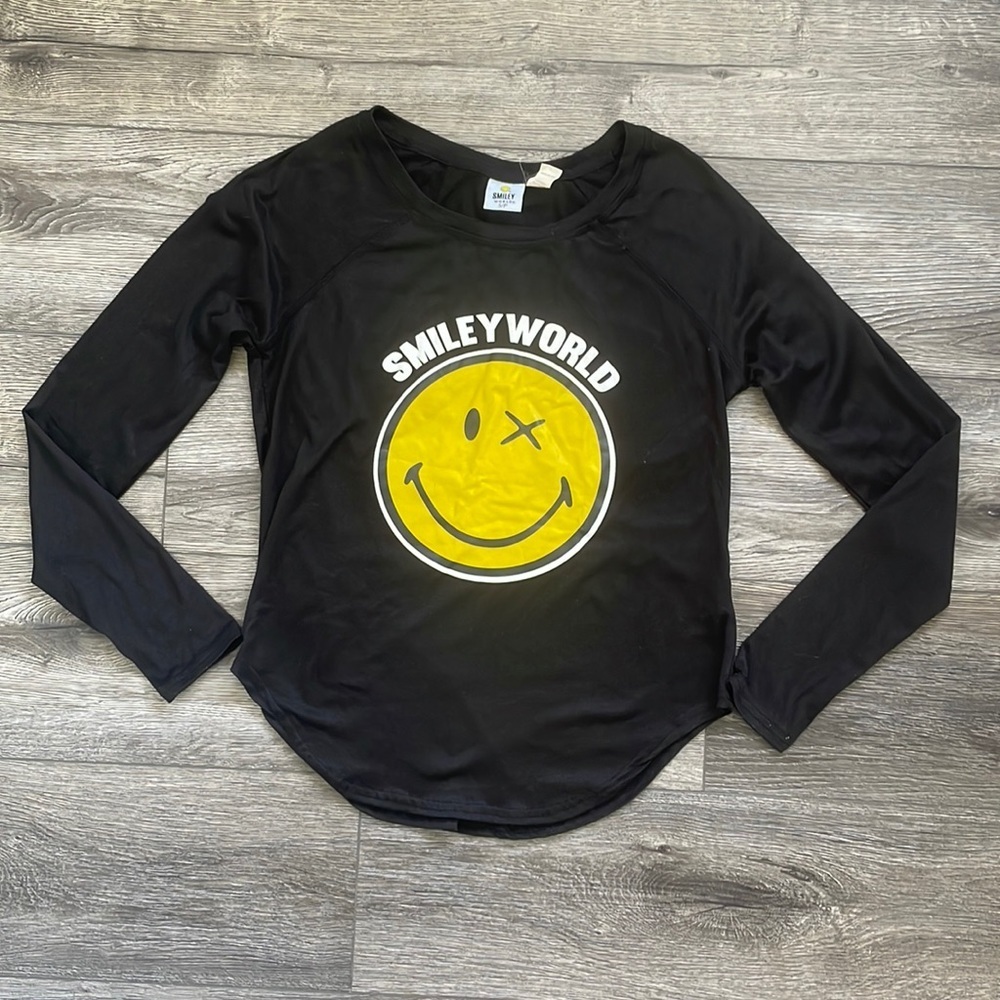 Smiley World | Black Smiley Face Crew Neck Long Sleeve T Shirt Small